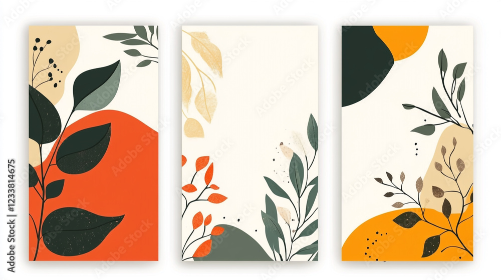 Naklejka premium Set of Canvases Featuring Abstract Foliage in Plant Art Design, Templates for boho style cards. Great for invitations, greeting cards, 