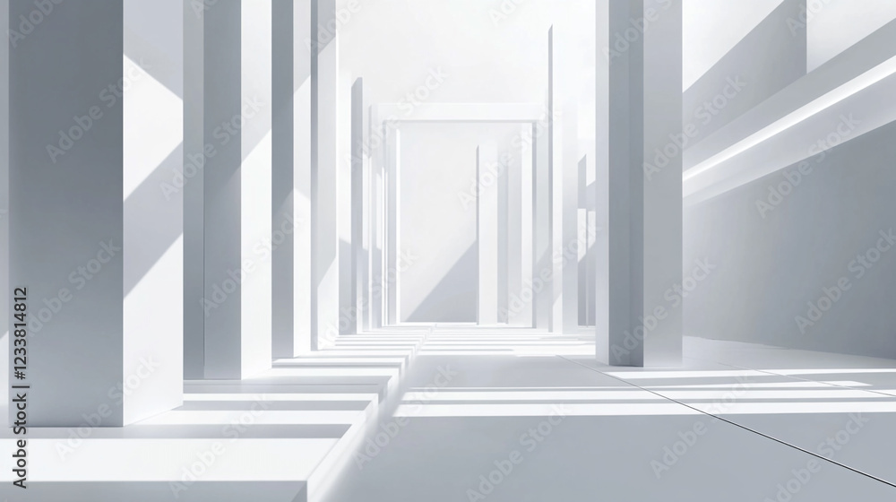 Fototapeta premium Modern baseboard trim, subtle shadowing, smooth surface, minimalistic design, gradient, light, background, texture, abstract, white, backdrop, illustration of a white room with sunlight coming in from