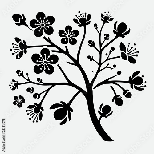 Spring Blossom Silhouette in black on a white background