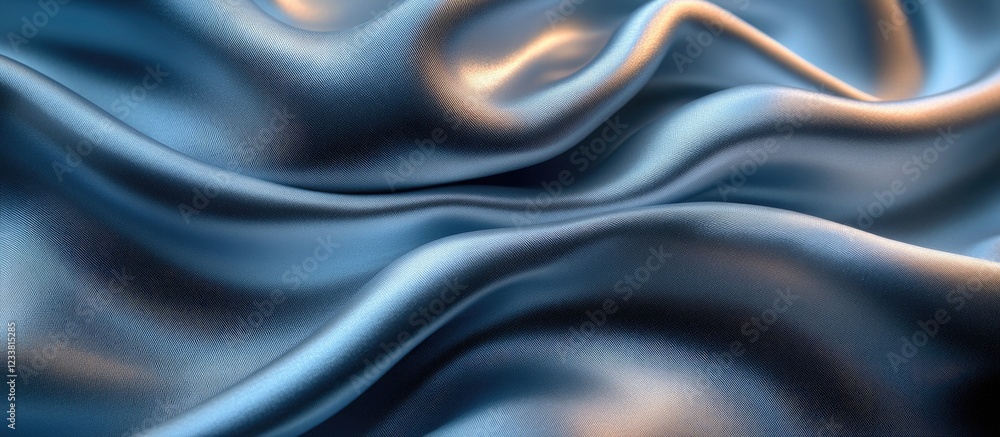 Fototapeta premium Blue satin fabric texture with smooth waves and folds, suitable for backgrounds, Copy Space available.