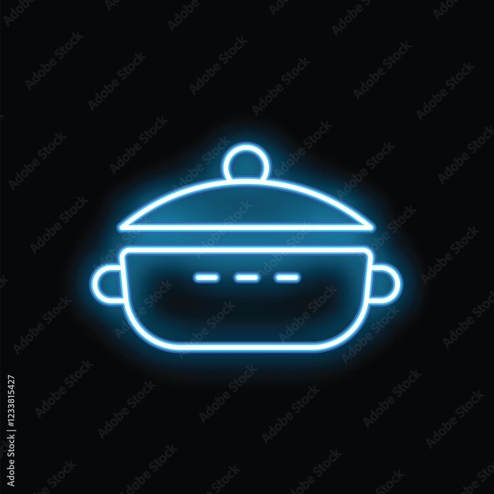 Blue neon sign depicting a steaming cooking pot with lid askew, isolated on a black background Blue neon sign depicting a steaming cooking pot with lid askew, isolated on a black background
