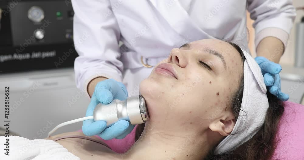 Radiofrequency lifting procedure for facial skin rejuvenation at a cosmetologist in a clinic. Concept of aesthetic medicine. Ultrasonic cleaning of the face Radiofrequency lifting procedure for facial skin rejuvenation at a cosmetologist in a clinic. Concept of aesthetic medicine. Ultrasonic cleaning of the face