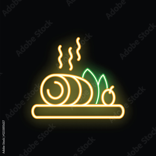Neon icon representing a tasty meatloaf with its garnish on a tray, perfect for restaurants