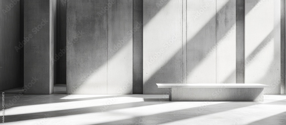 Obraz premium Minimalist interior with natural light casting shadows on concrete walls and a modern bathtub Copy Space