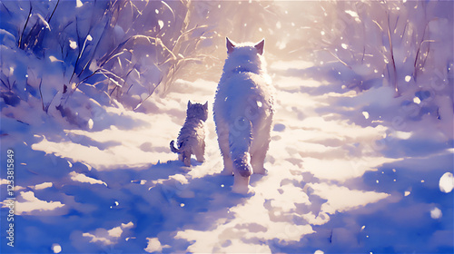 雪道を歩く猫の親子	のイラスト