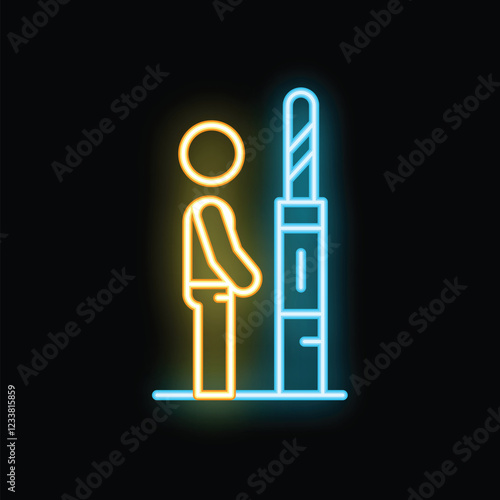 Glowing neon line icon of a person standing in front of a turnstile gate, representing access control and entry points