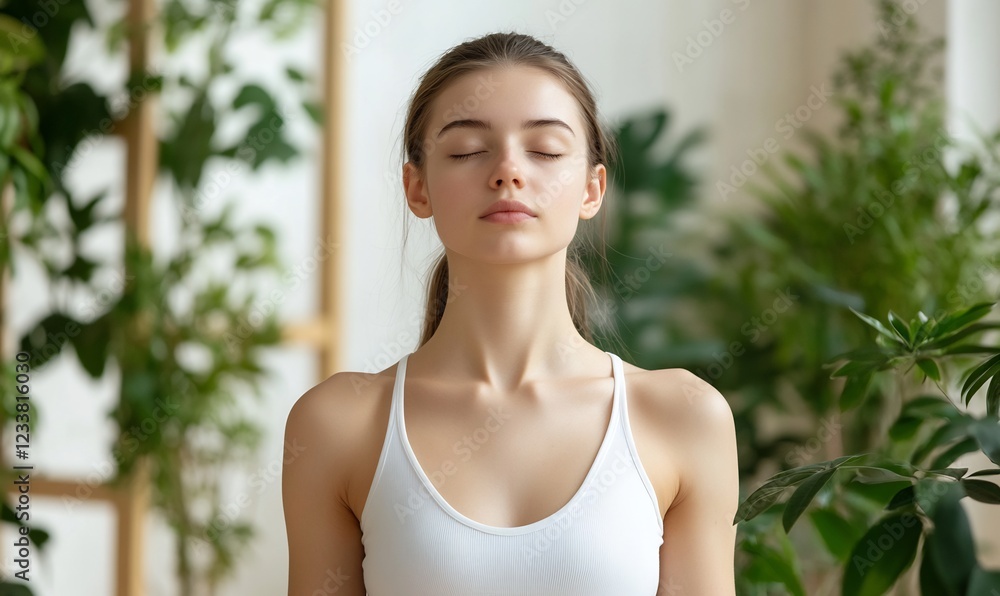Woman meditating peacefully amidst indoor plants Woman meditating peacefully amidst indoor plants