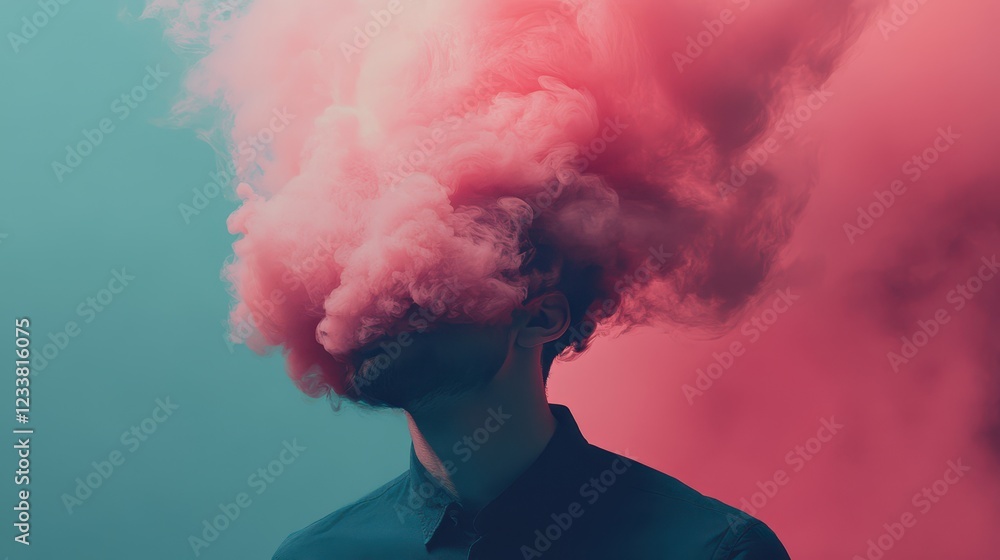 A surreal and abstract image of a man with a pink cloud replacing his head, symbolizing a dreamy and imaginative mind. A surreal and abstract image of a man with a pink cloud replacing his head, symbolizing a dreamy and imaginative mind.