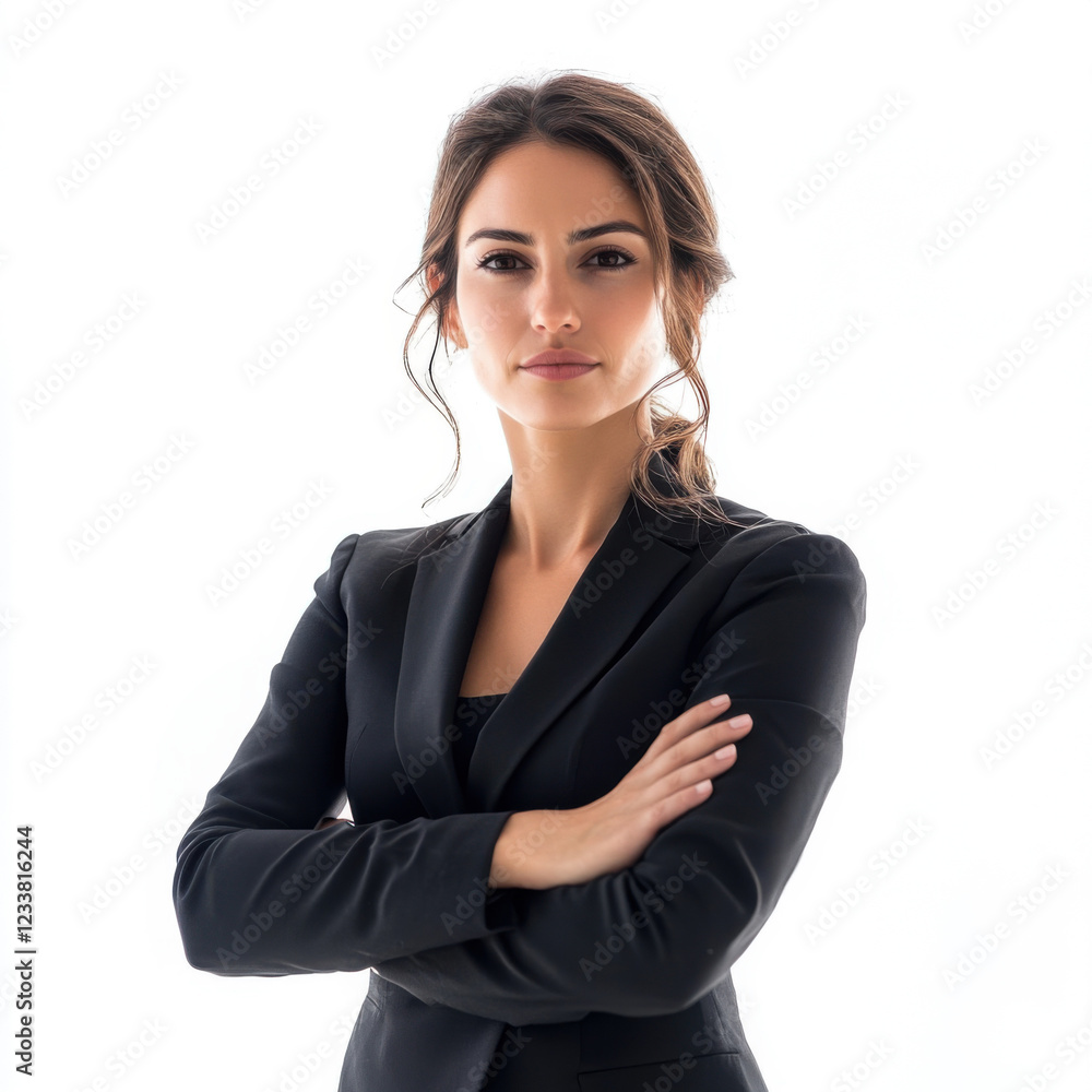Confident young woman in black suit poses with arms crossed in professional setting Confident young woman in black suit poses with arms crossed in professional setting