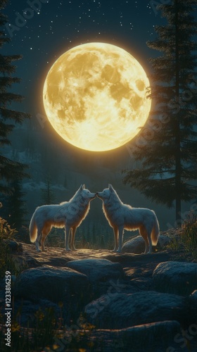 two white wolf standing in front of full moon