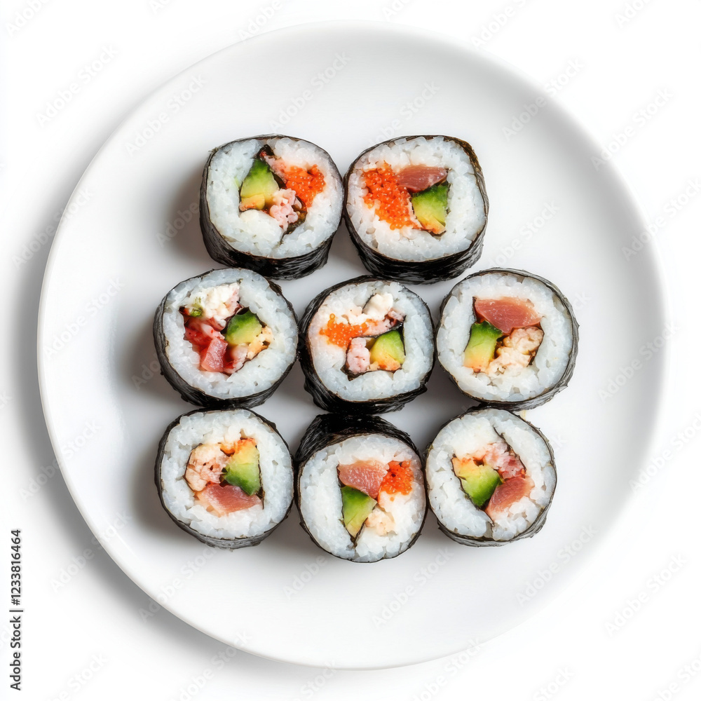Fresh sushi rolls arranged neatly on a white plate, showcasing vibrant colors and enticing ingredients Fresh sushi rolls arranged neatly on a white plate, showcasing vibrant colors and enticing ingredients