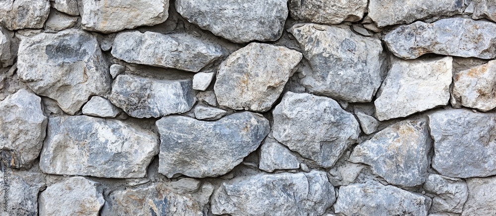 Gray stone wall texture with uneven natural stones in a dry stacked arrangement with Copy Space for text placement. Gray stone wall texture with uneven natural stones in a dry stacked arrangement with Copy Space for text placement.