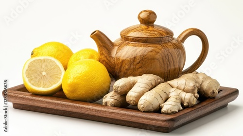 A teapot accompanied by lemons and ginger sits on a wooden tray against a white background. photo