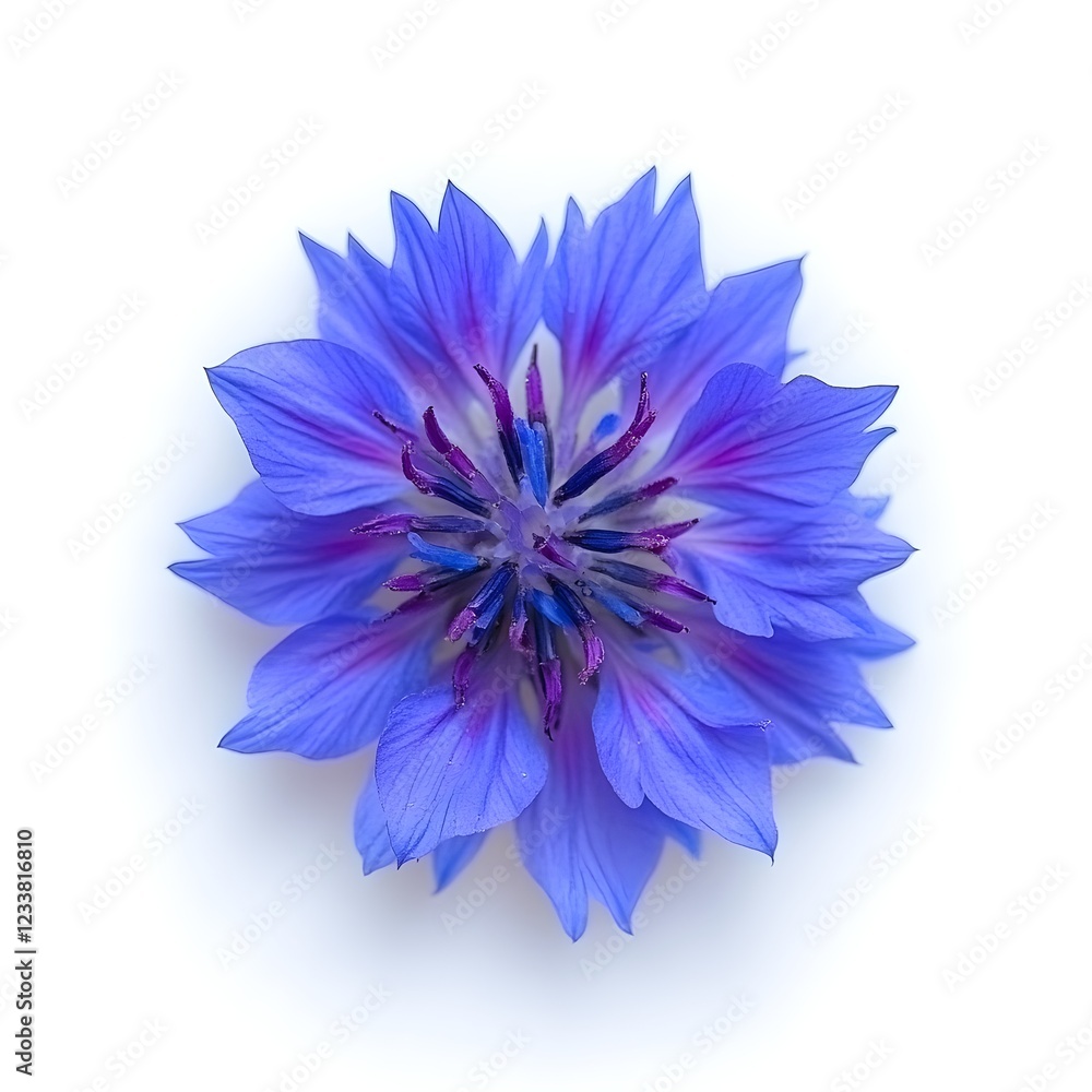 Obraz premium Vibrant purple cornflower, centered and isolated on a white background, top view. 