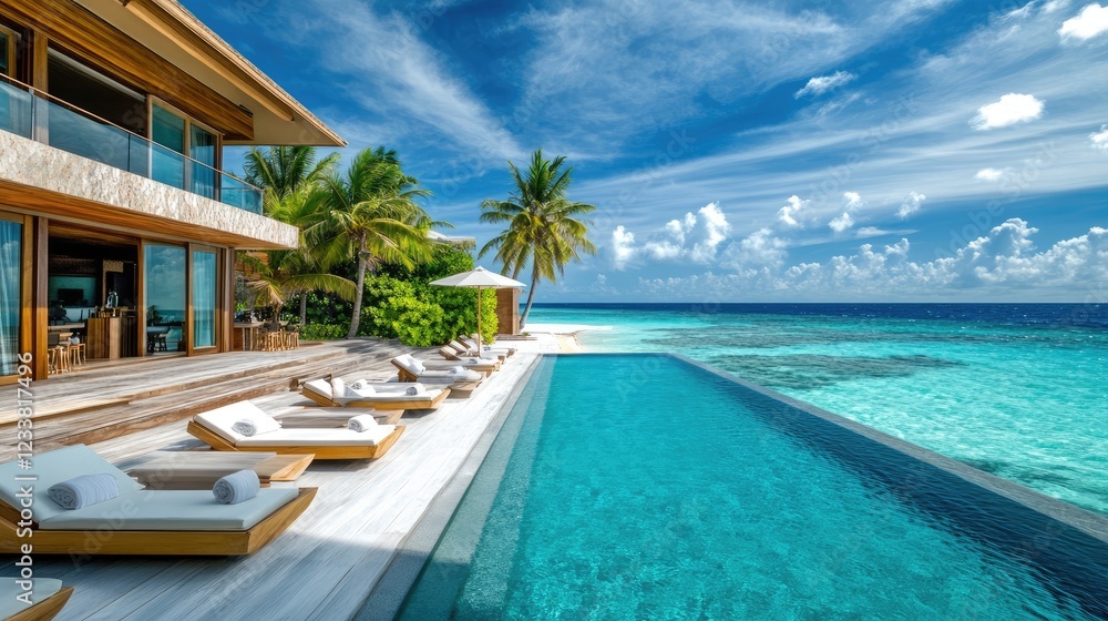 Luxurious island hotel with swimming pool and sun loungers for relaxation Luxurious island hotel with swimming pool and sun loungers for relaxation