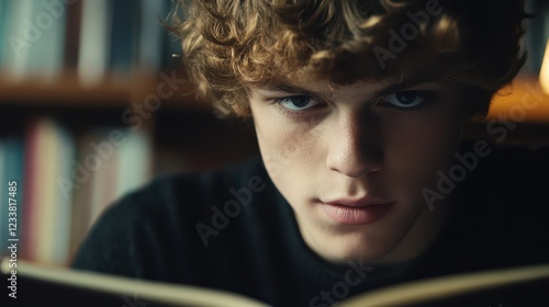 A teenager deeply engaged in learning and exploration, intently reading a book.