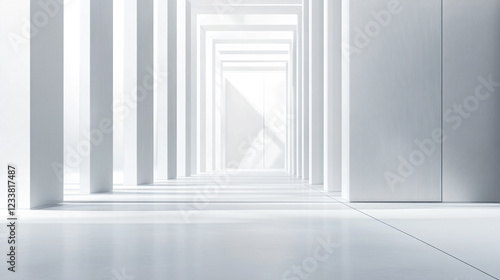 white room with long corridor, bright lights, shiny floor, minimalist design, A Minimalist White Corridor: Architectural Design and Interior Space