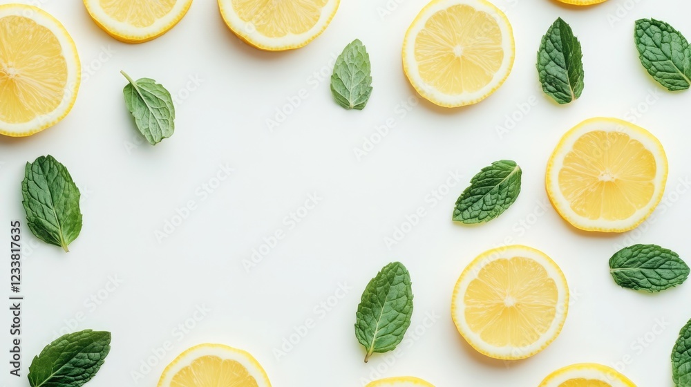 Lemon slices and fresh mint leaves arranged on a light background with copy space for text or design elements. Lemon slices and fresh mint leaves arranged on a light background with copy space for text or design elements.