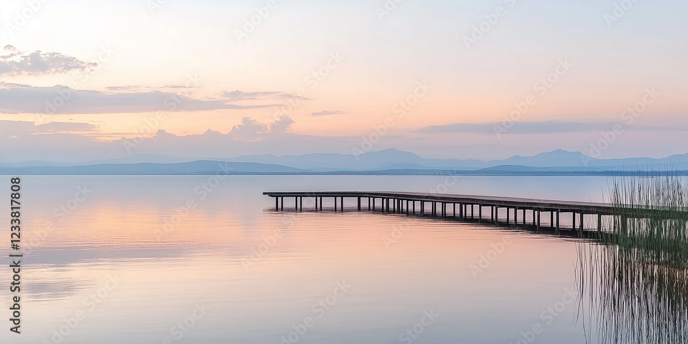 Serene Sunset Over a Peaceful Lake with Wooden Dock Serene Sunset Over a Peaceful Lake with Wooden Dock