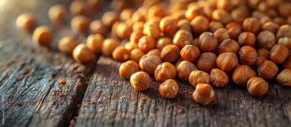 Close-up of roasted hazelnuts scattered on rustic wooden surface with natural light and Copy Space for text placement Close-up of roasted hazelnuts scattered on rustic wooden surface with natural light and Copy Space for text placement