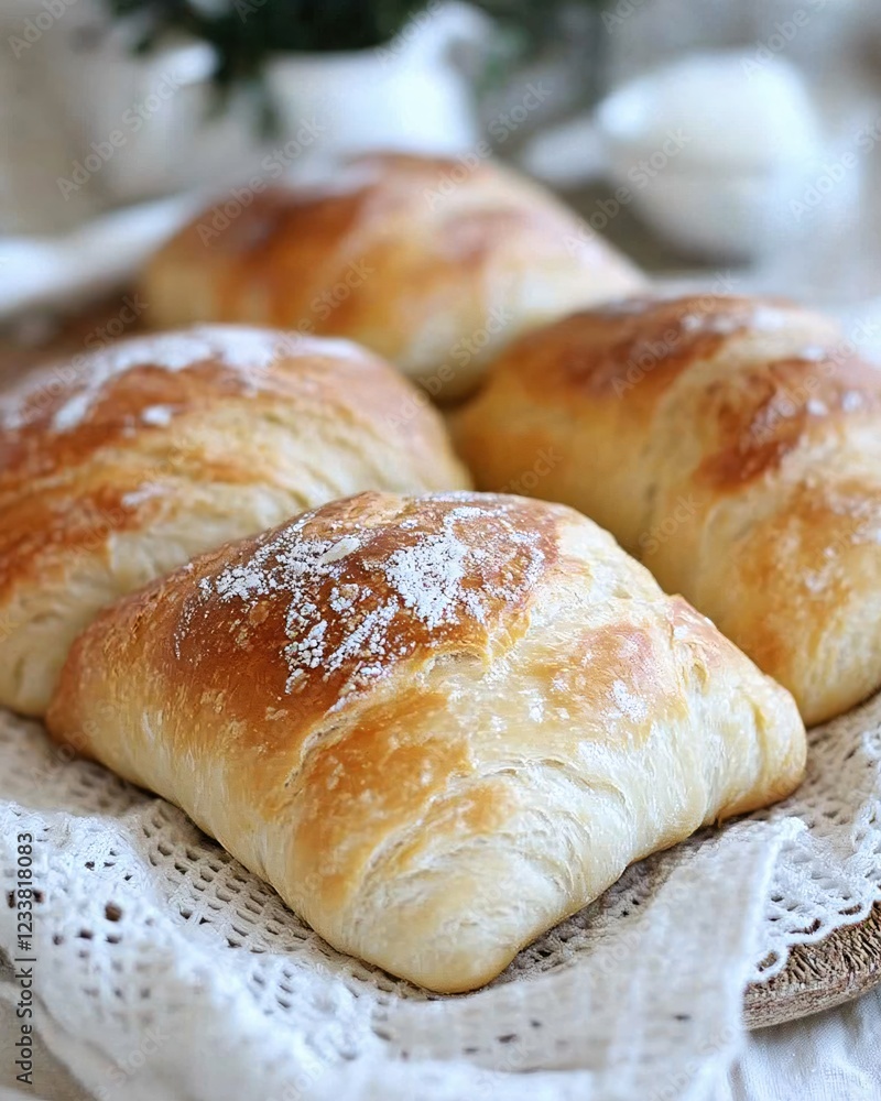 Freshly baked bread rolls on a white lace cloth with soft light and warm tones Freshly baked bread rolls on a white lace cloth with soft light and warm tones