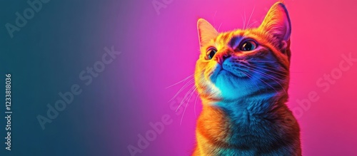 Cat portrait with vibrant lighting in shades of pink and blue against a gradient background showcasing Copy Space for text.