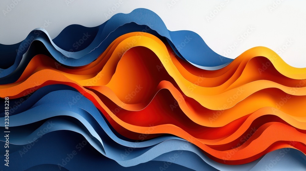 Fototapeta premium Abstract orange blue waves flowing, paper art, white background, website banner