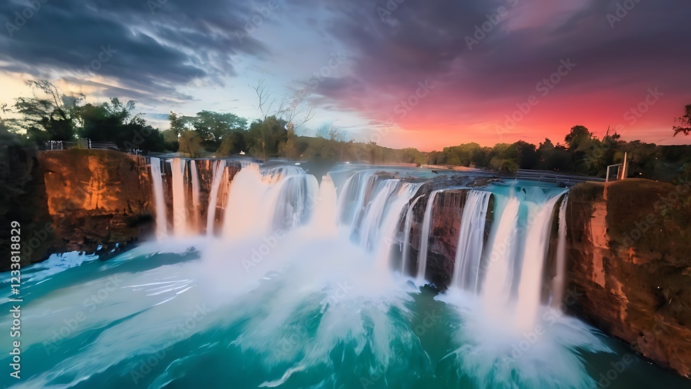Fototapeta premium a beautiful waterfall flowing into the sunset at dusk with the sun setting in the background