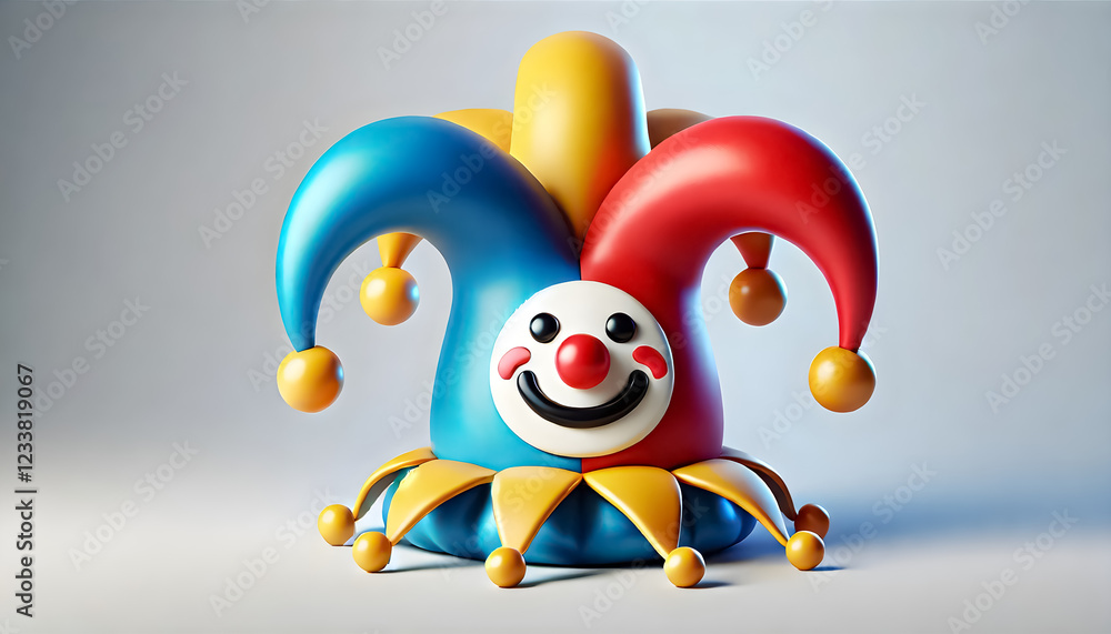 Obraz premium A single colorful jester hat with a big smile, positioned on a plain background, leaving a large blank area in the middle for copy.