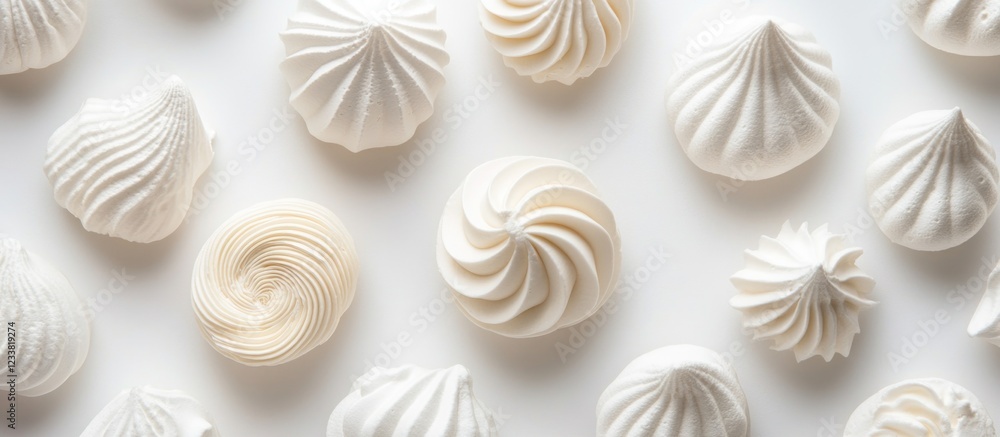 White Meringue Cookies Arranged on Light Background with Copy Space for Text White Meringue Cookies Arranged on Light Background with Copy Space for Text