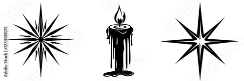 Set of Candle Illustrations, Dripping Wax Candles, Black and White Vector Graphics, Spooky Decorations, Gothic Elements, Isolated on White Background