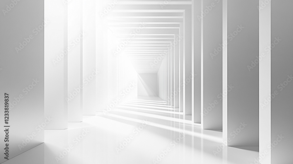 Monochrome image of a long, bright white corridor with columns and shadows. White walls, columns, niches, inclining walls, modern illustration. Monochrome image of a long, bright white corridor with columns and shadows. White walls, columns, niches, inclining walls, modern illustration.