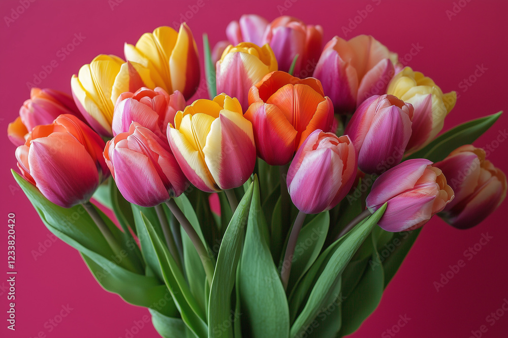 Fototapeta premium Bouquet of blooming tulips against pink background
