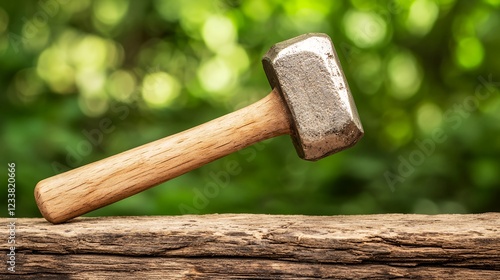 Vintage Metal Sledgehammer with Wooden Handle Resting on Rustic Log, Heavy-Duty Tool for Construction and Carpentry, Traditional Hand Tool with Worn Look, Green Blurred Background photo