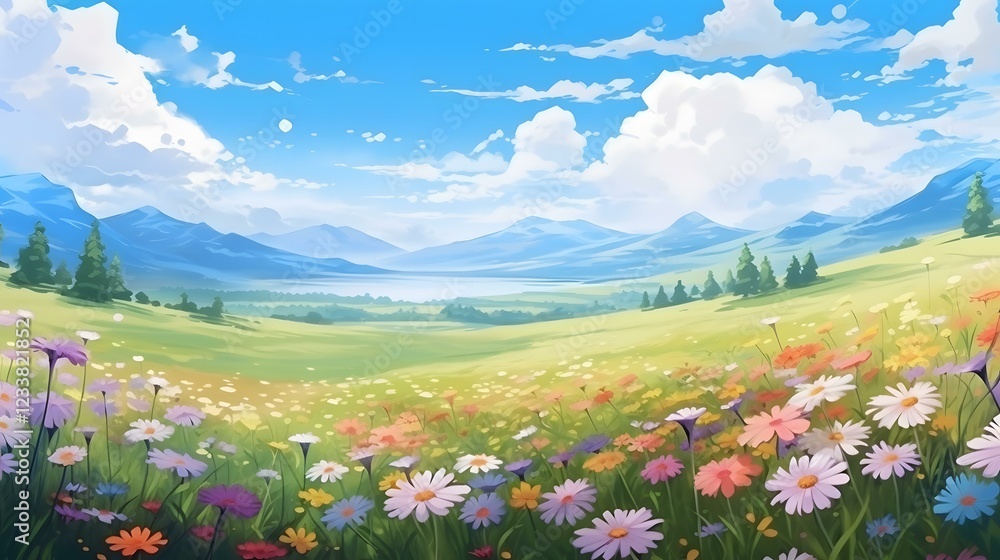 Obraz premium Gorgeous hand-drawn illustration depicting scenic mountains and farmlands, enriched with intricate details and an anime-inspired touch.