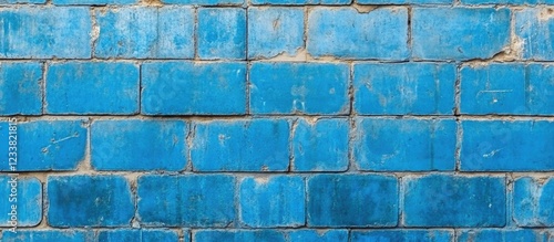 Old weathered blue brick wall texture background with visible cracks and discoloration. photo