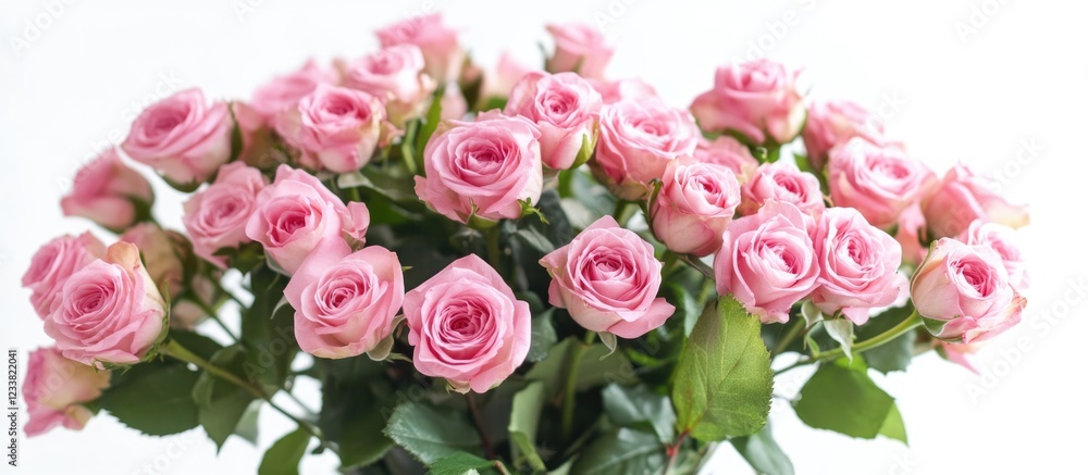 Bunch of pink roses with green leaves arranged elegantly on a white background with Copy Space for text placement Bunch of pink roses with green leaves arranged elegantly on a white background with Copy Space for text placement