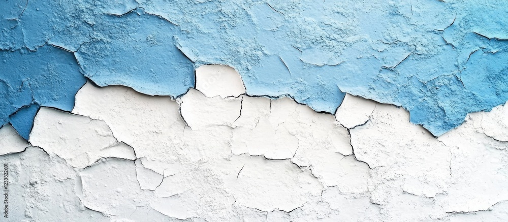 Obraz premium Textured peeling paint in blue and white hues with visible cracks and layers on a wall Copy Space