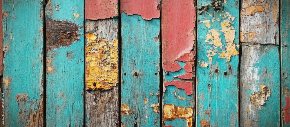 Weathered wooden planks with peeling paint in turquoise and red tones texture background Weathered wooden planks with peeling paint in turquoise and red tones texture background
