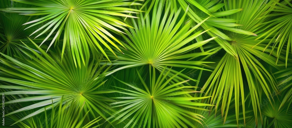 Close-up of lush green palm leaves overlapping in dense tropical foliage Close-up of lush green palm leaves overlapping in dense tropical foliage