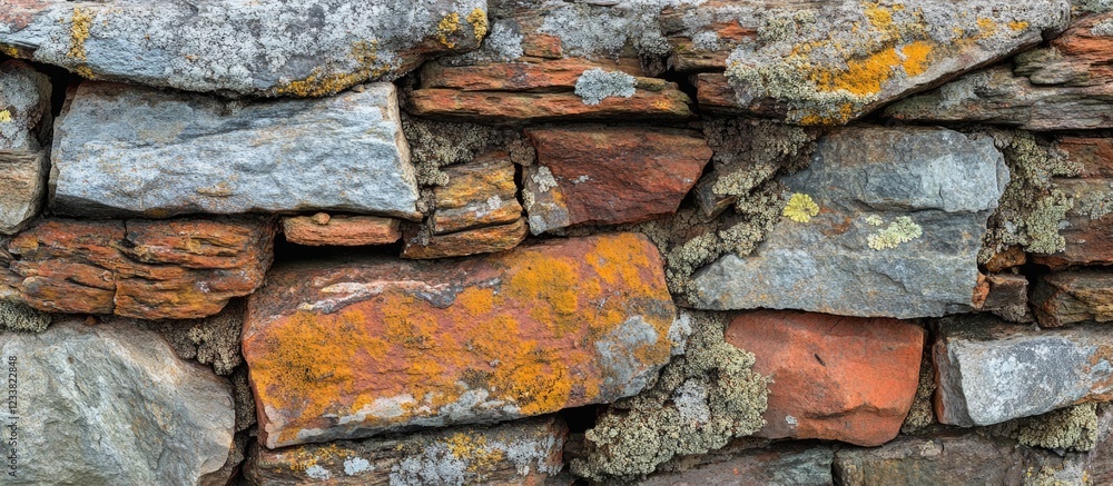 Rough stone wall with mixed colors and textures in close-up view Rough stone wall with mixed colors and textures in close-up view