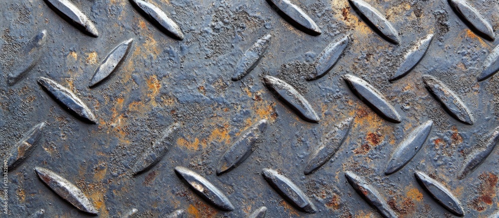 Rusty metal texture with raised diamond patterns on a grungy surface suitable for industrial or background design applications Copy Space Rusty metal texture with raised diamond patterns on a grungy surface suitable for industrial or background design applications Copy Space