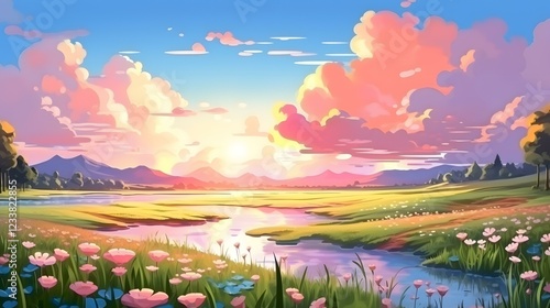 Gorgeous hand-drawn illustration depicting scenic mountains and farmlands, enriched with intricate details and an anime-inspired touch.