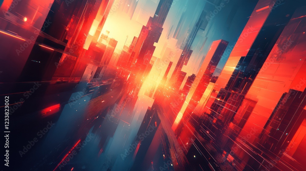Fototapeta premium Futuristic city sunrise, vibrant cityscape, digital art, technology, advertising
