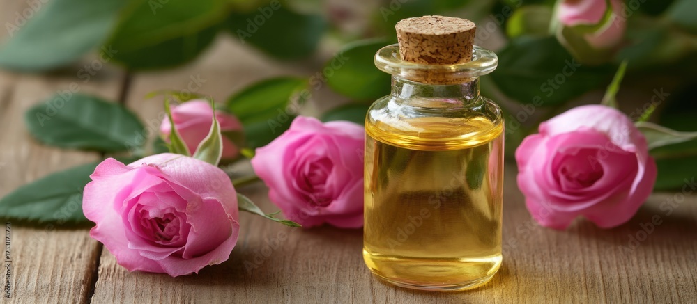 Pink roses and a glass bottle of essential rose oil on a wooden surface with copy space for text Pink roses and a glass bottle of essential rose oil on a wooden surface with copy space for text