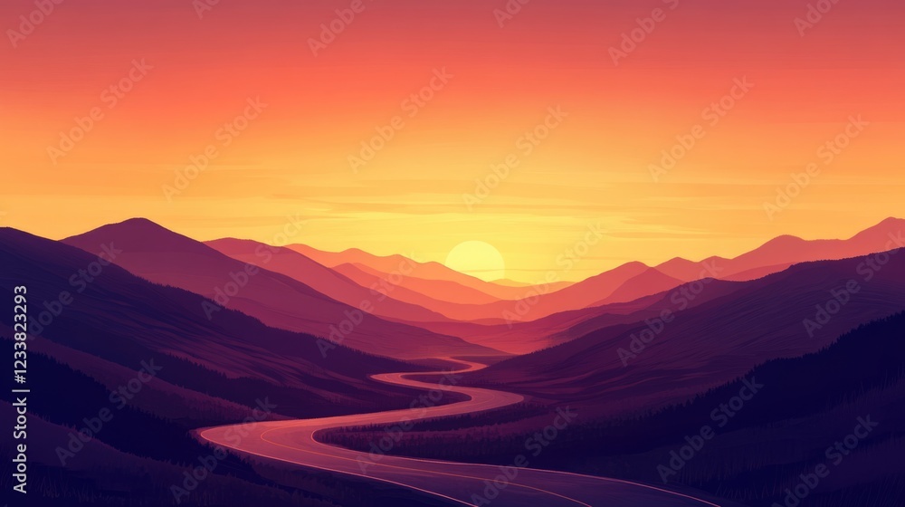 Serene sunset over a winding road through a mountainous landscape with vibrant colors and ample empty space for overlaying text. Serene sunset over a winding road through a mountainous landscape with vibrant colors and ample empty space for overlaying text.