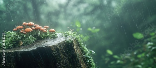 Mushrooms growing on a tree stump in a lush green forest during rain with blurred background and Copy Space photo