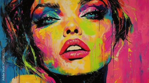 A vibrant and dynamic pop art painting featuring a modern expression of a woman in a range of bright colors. photo