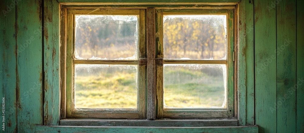 Fototapeta premium Rustic wooden window frame with peeling paint overlooking grassy landscape and trees