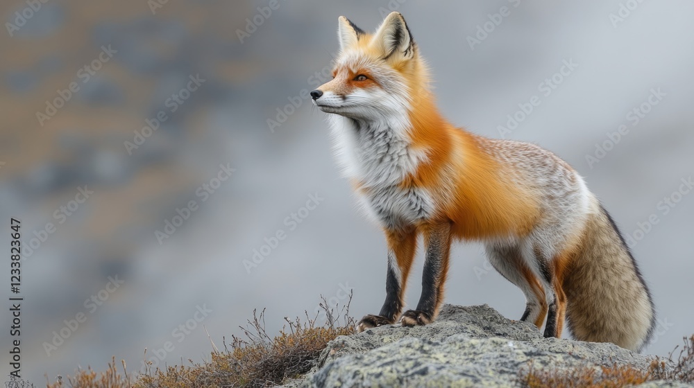 Naklejka premium Red fox standing on a rock with a blurred background showcasing natural habitat Copy Space